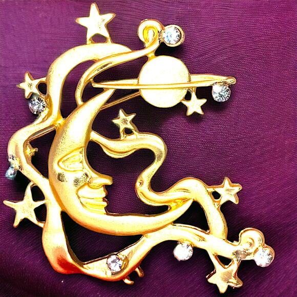 NWOT! Moon Jupiter Stars Gold-Tone 2.25" Brooch! - Picture 1 of 8